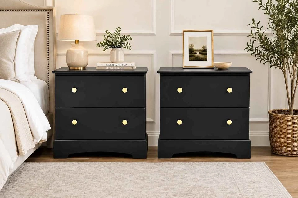 2 Black 2-Drawer Nightstands / End Tables
