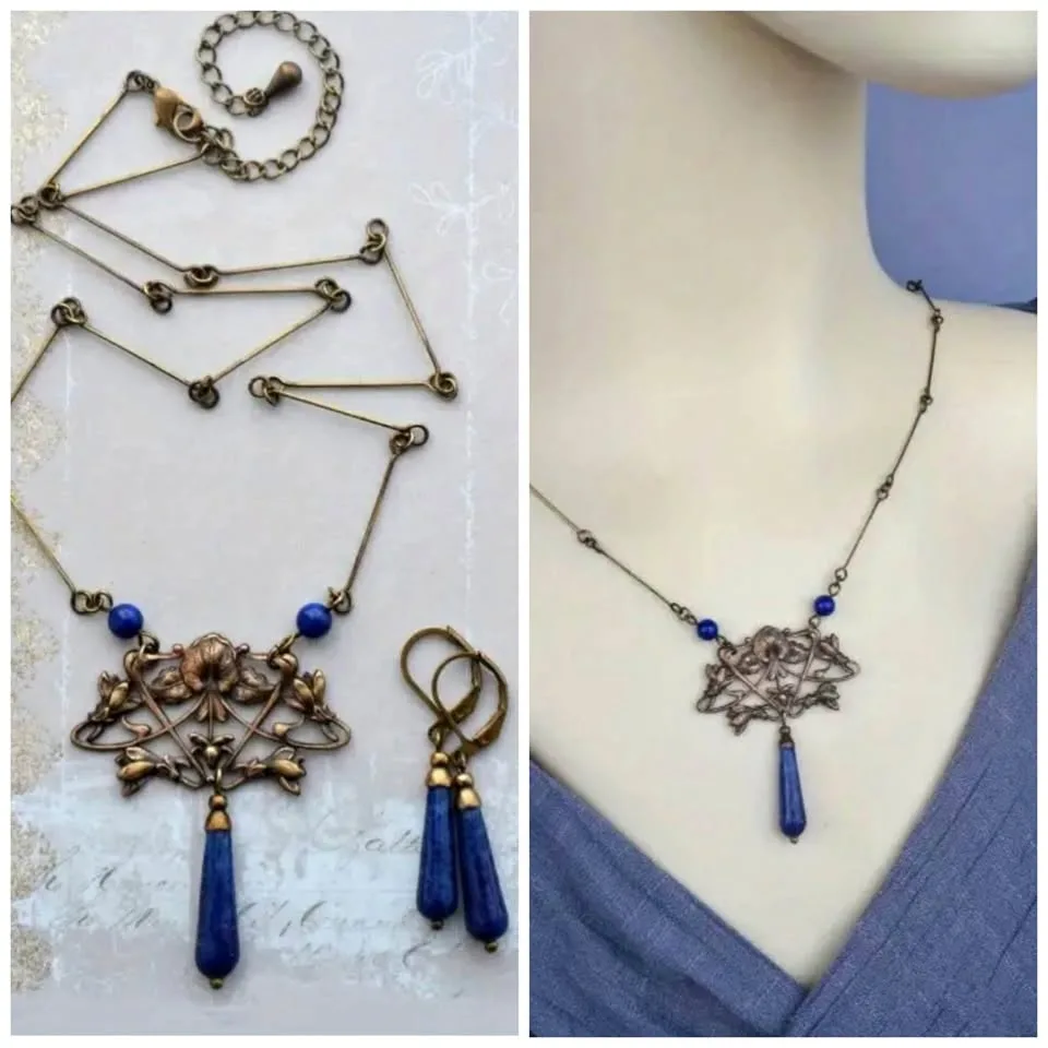 Art Nouveau Style Blue and Bronze Tone Necklace Earring Set 💙🦋 thumbnail