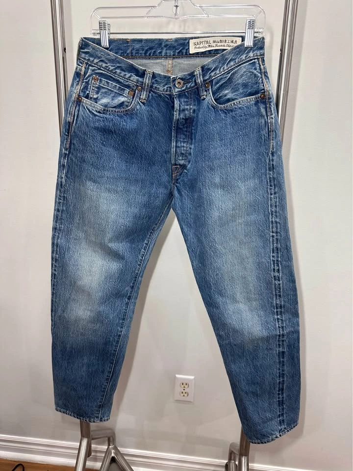 NWOT KAPITAL Blue Denim Jeans with Yellow Smiley Embroidery Japa - photo 2