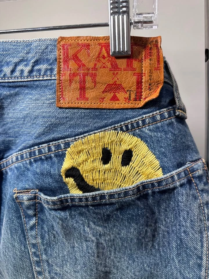 NWOT KAPITAL Blue Denim Jeans with Yellow Smiley Embroidery Japa - photo 4