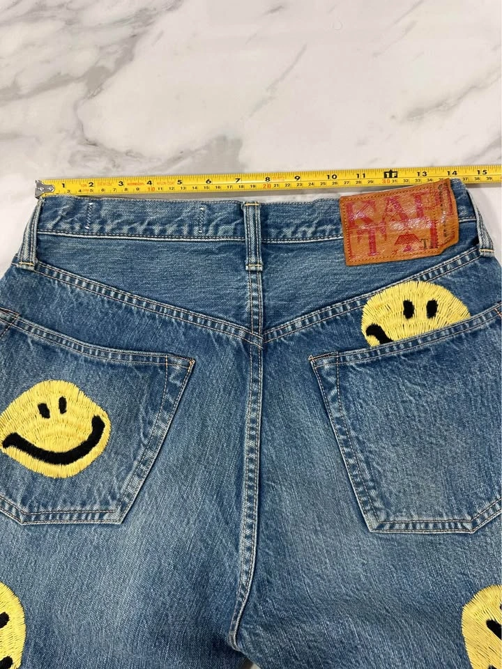 NWOT KAPITAL Blue Denim Jeans with Yellow Smiley Embroidery Japa - photo 5