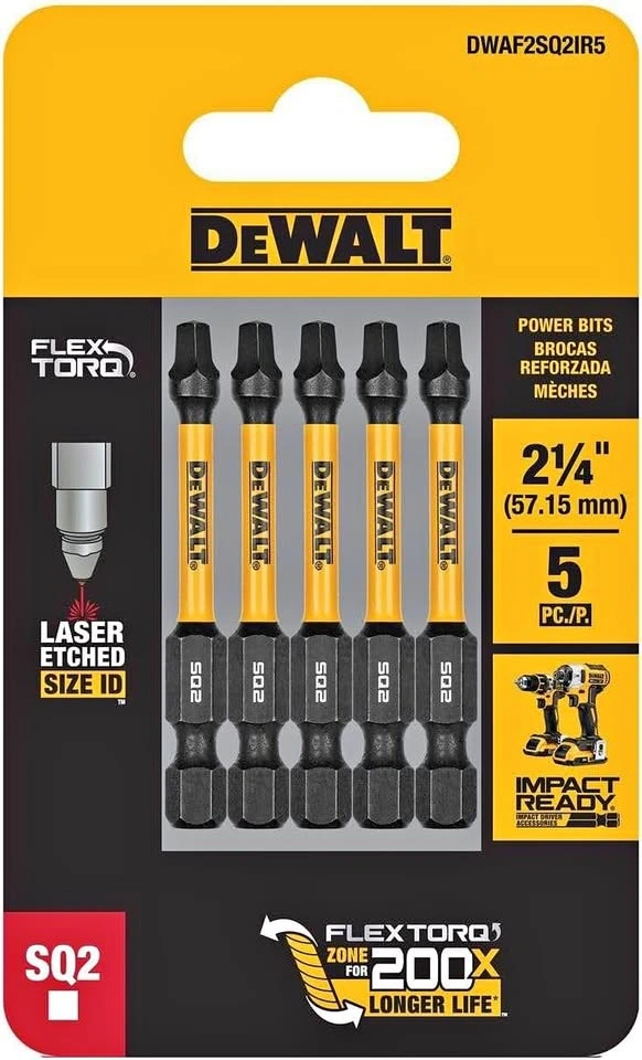 DEWALT FLEXTORQ Square #2 Robertson Impact Bits, 5-Pack, 1/4 x 2