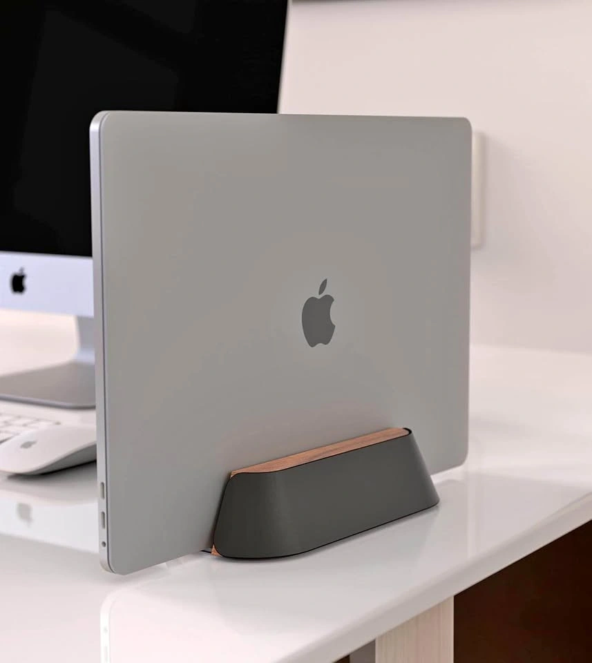 Vertical Laptop Stand, Walnut & Ebony Leather, Adjustable