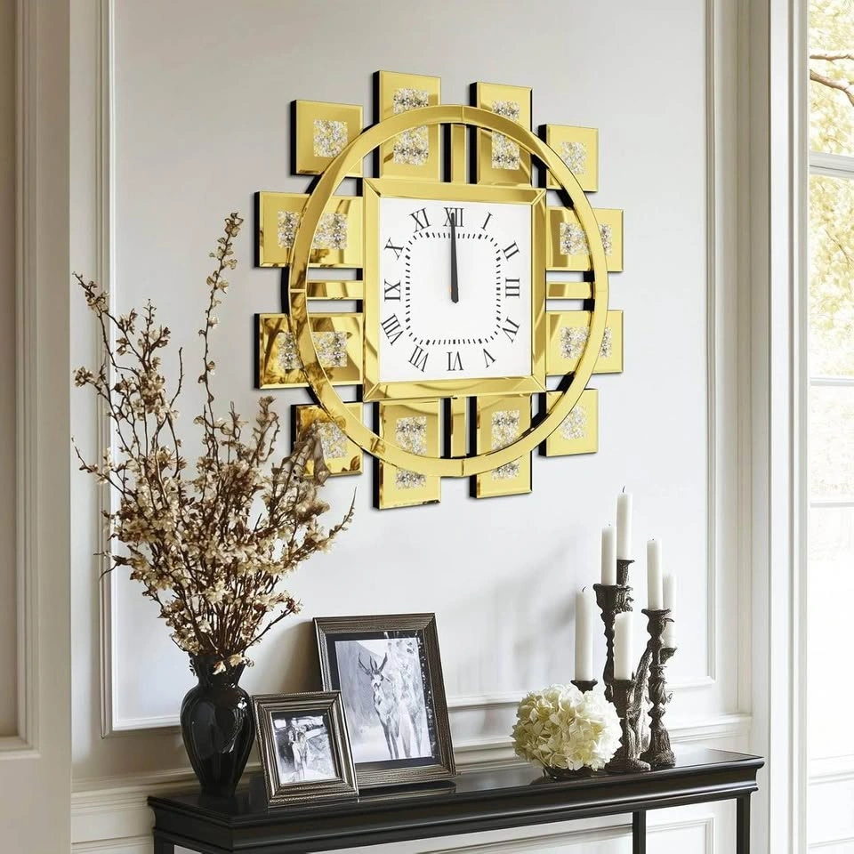 Luxurious 24" Crushed Diamond Mirrored Wall Clock - Gold Art Dec - photo 2