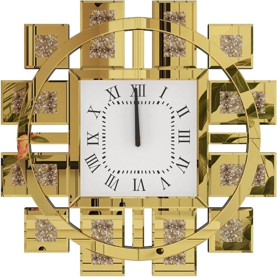 Luxurious 24" Crushed Diamond Mirrored Wall Clock - Gold Art Dec - photo 3