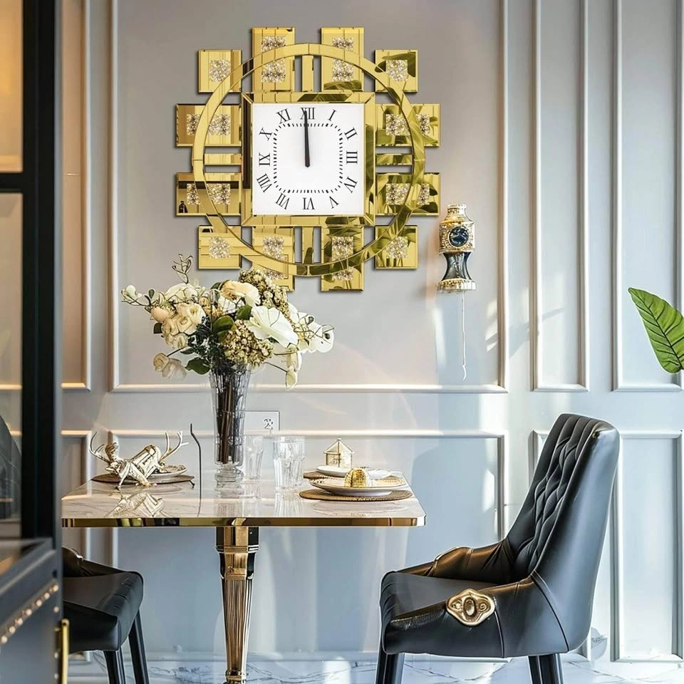 Luxurious 24" Crushed Diamond Mirrored Wall Clock - Gold Art Dec - photo 4