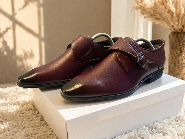 Men's Burgundy Single Monk Leather Dress Shoes - Size 10