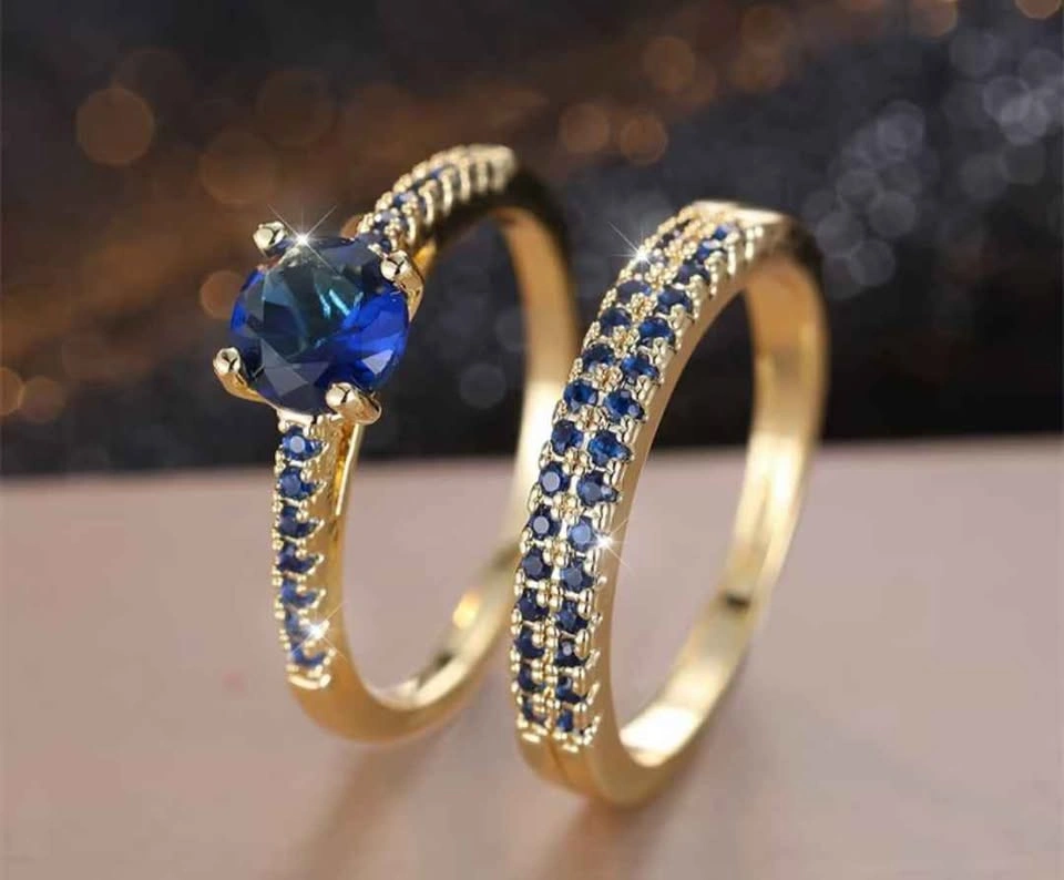 2pc Luxury Golden Round Cut Blue Stone Claw Ring Set - photo 2