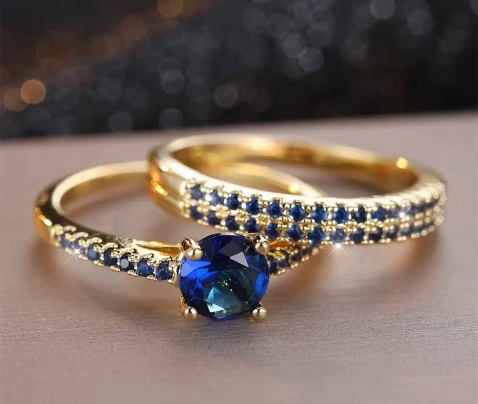 2pc Luxury Golden Round Cut Blue Stone Claw Ring Set - photo 3