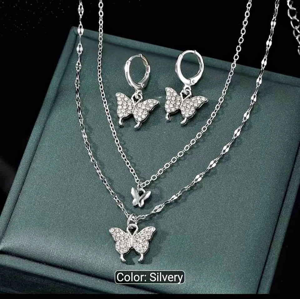Earrings + Necklace Set: Golden Butterfly Pendant