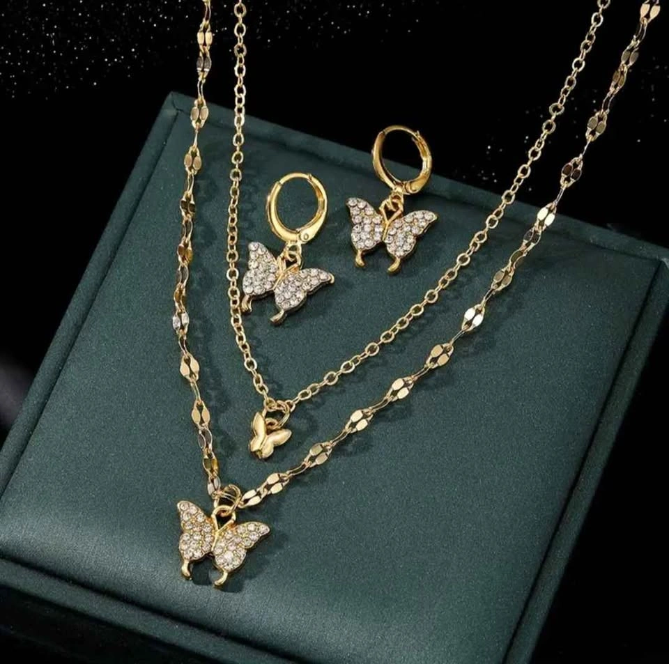 Earrings + Necklace Set: Golden Butterfly Pendant - photo 2