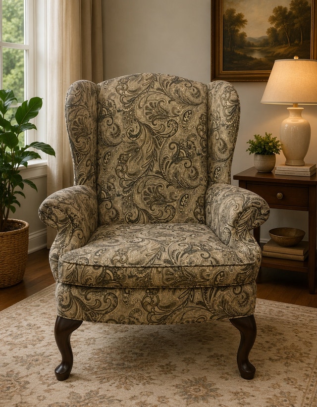 2 Wingback Armchairs Paisley Fabric Pattern for $800 / $400 each