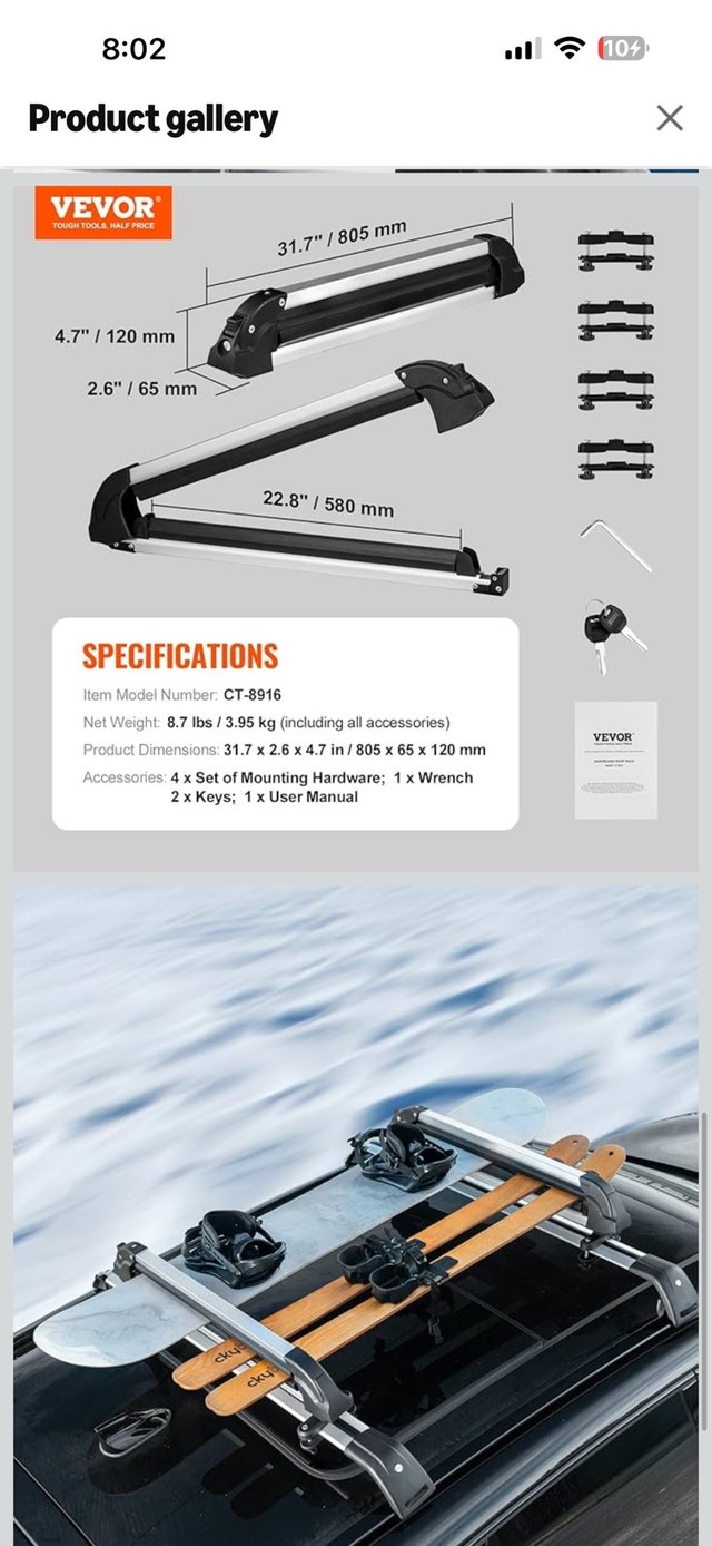 VEVOR Ski and Snowboard Roof Rack, 31.7-Inch Universal Ski Rack - photo 3
