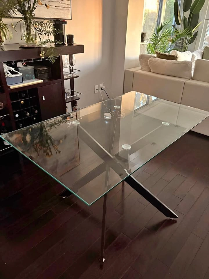 Modern Glass Top Dining Table with Black Metal Base