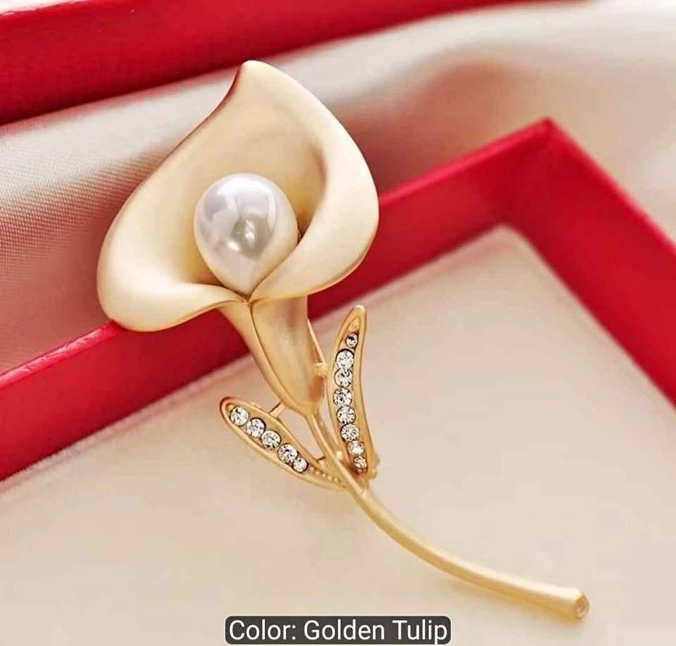 Golden Brooch Tulip Flower Shape Paired with Imitation Pearl