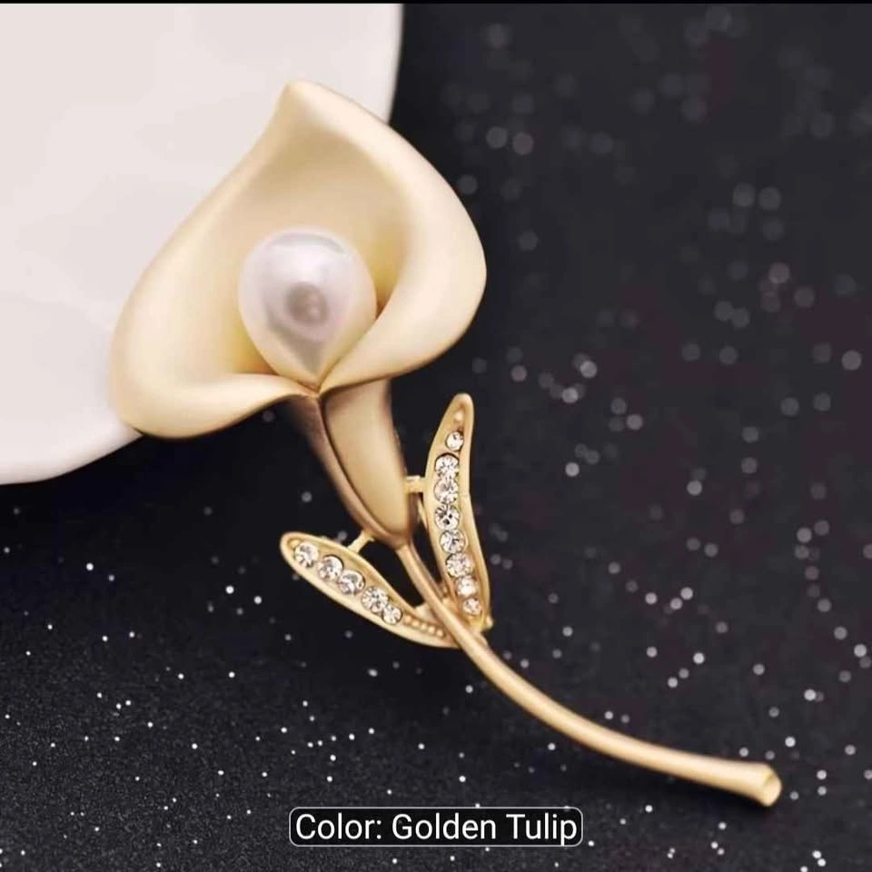 Golden Brooch Tulip Flower Shape Paired with Imitation Pearl - photo 3