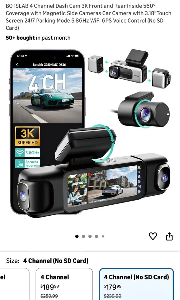 4 Channel Dash Cam 3K Front/Rear/Inside (No SD Card)