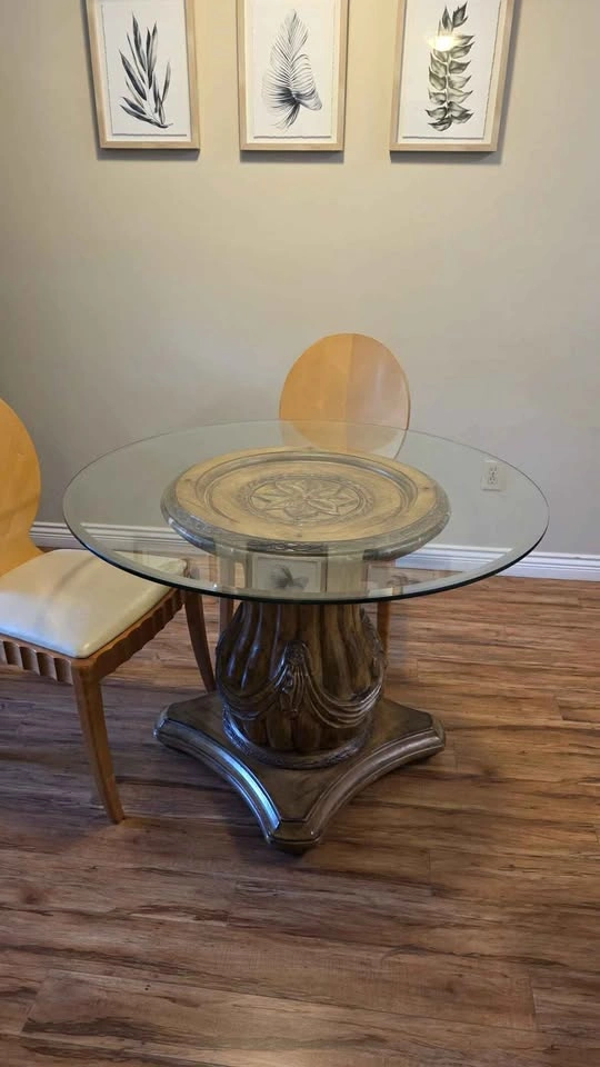 Vintage Round Glass & Wood Dining Table – 42" - photo 2