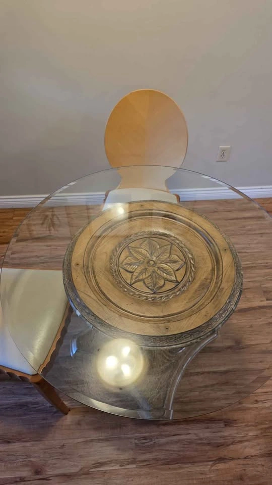 Vintage Round Glass & Wood Dining Table – 42" - photo 3