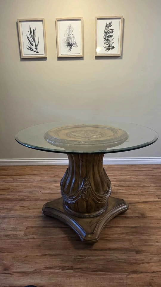Vintage Round Glass & Wood Dining Table – 42" - photo 4