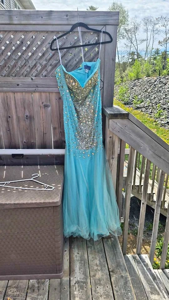 Dreamy Risa Designs aqua sequined bodice prom dress
