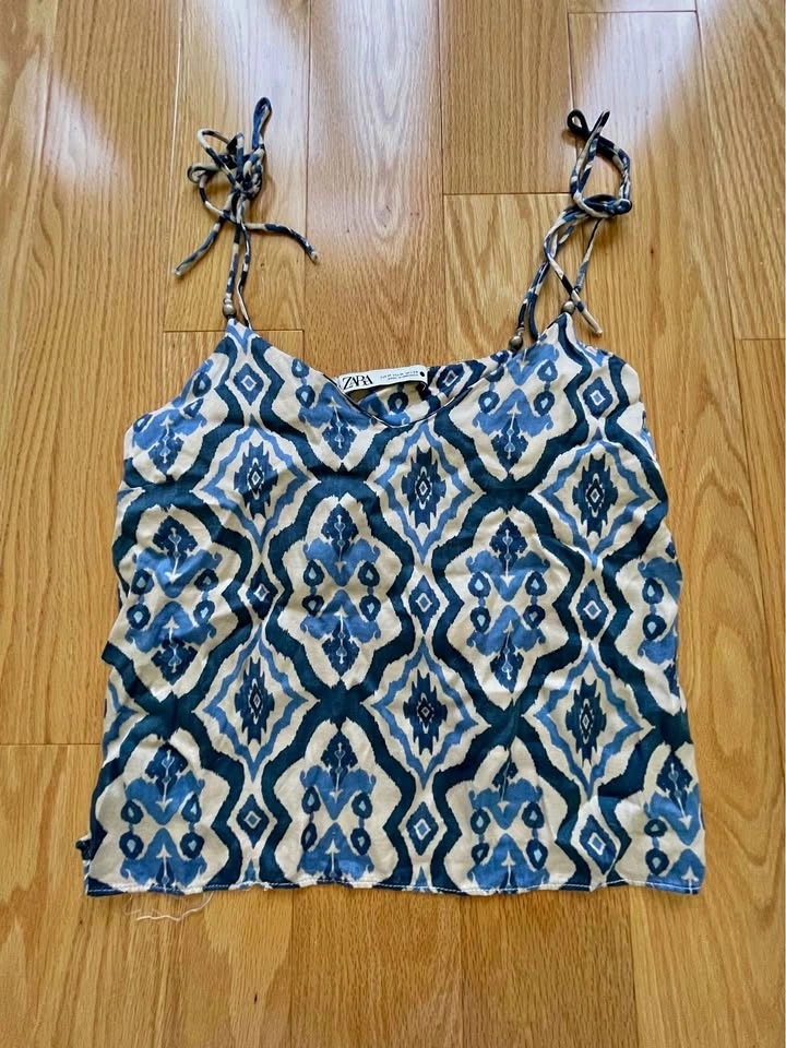 Zara Blue Beige Ikat Tie-Strap Camisole M