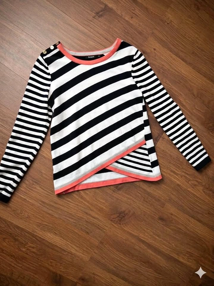 Desigual Black White Striped Long Sleeve Top Coral Trim Buttons