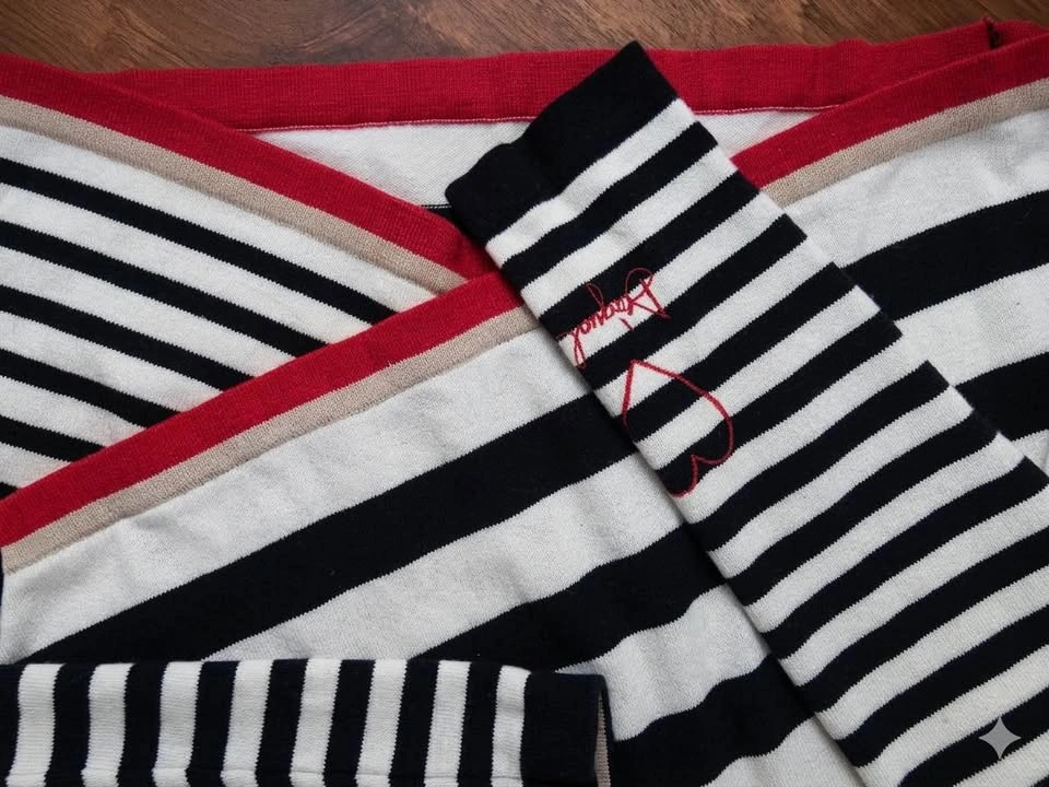 Desigual Black White Striped Long Sleeve Top Coral Trim Buttons - photo 3