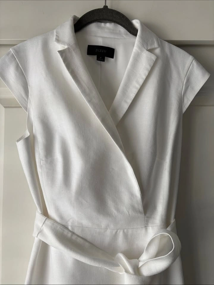 J CREW sz 4 Linen Faux Wrap Belted Dress SNOW WHITE - photo 3