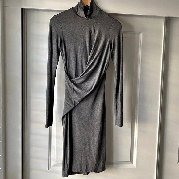 THEORY Charcoal Grey Turtleneck Draped Knit Dress - Small
