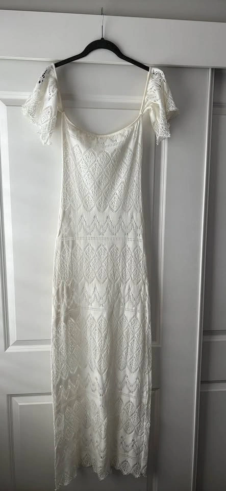 Latin Boho Crochet-Look Light Ivory Off-Shoulder Maxi Dress Smal - photo 3