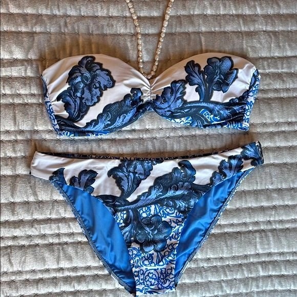 NEW Sauvage Luxe Bandeau Bikini *REAL SHELLS* Blue White Medium
