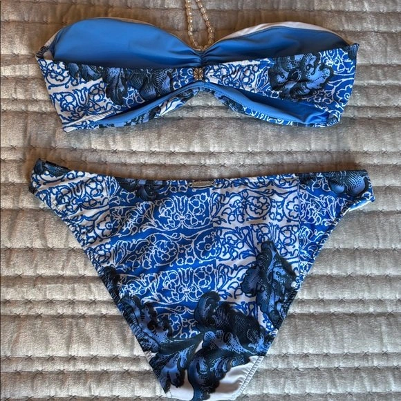 NEW Sauvage Luxe Bandeau Bikini *REAL SHELLS* Blue White Medium - photo 3