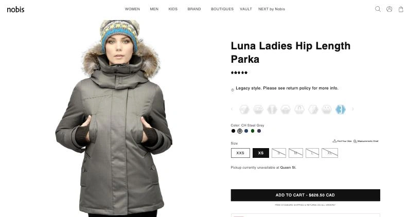 Nobis Luna Winter Jacket - XS Steel Grey. $300 (Original: $626)