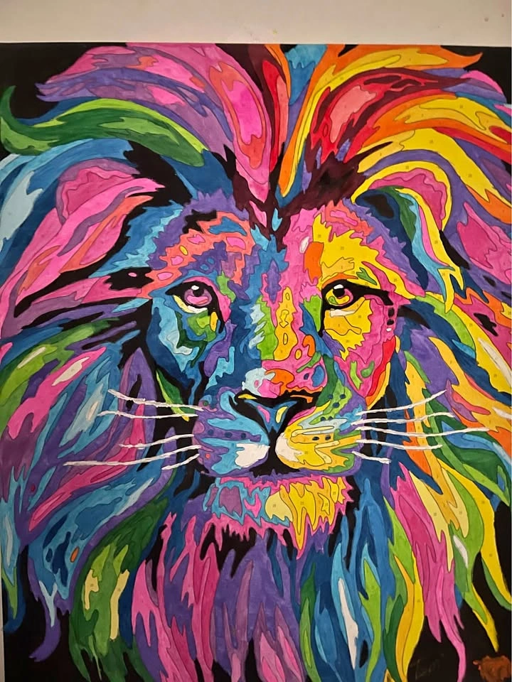 Hand-Painted Colorful Lion Canvas – Vibrant Abstract Art