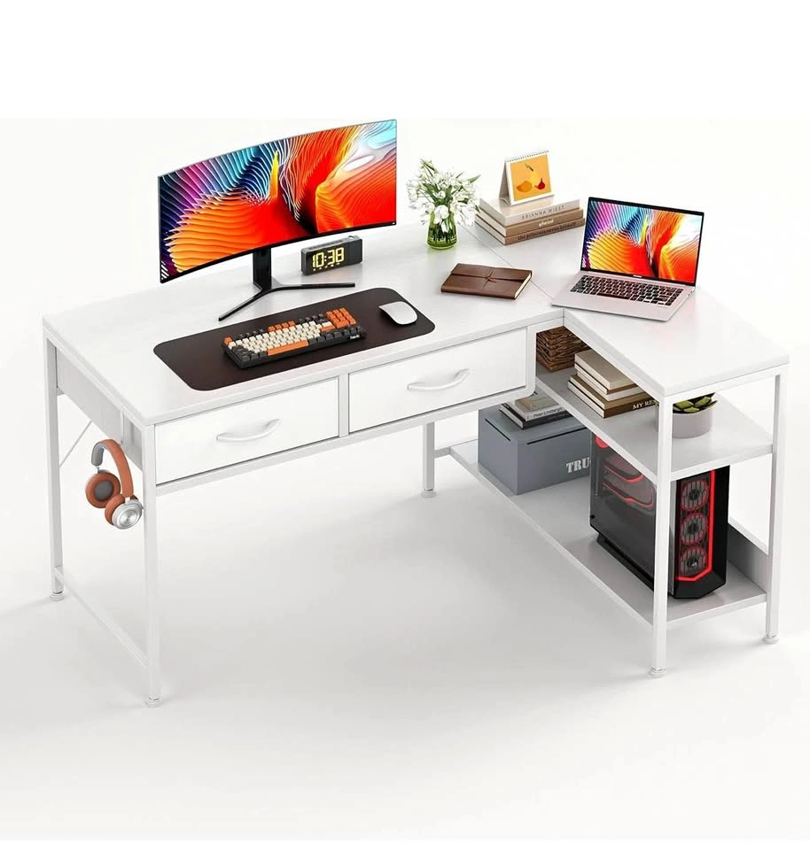 L Shaped Computer Desk with Drawers & Shelves - White