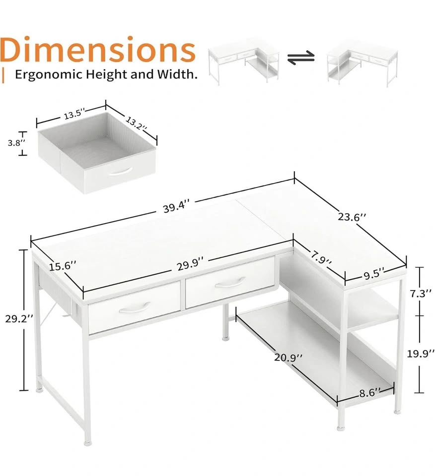 L Shaped Computer Desk with Drawers & Shelves - White - photo 2