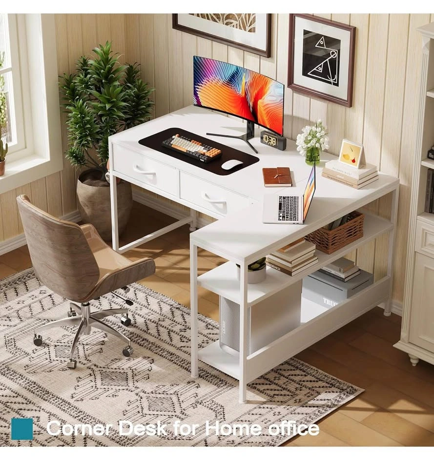 L Shaped Computer Desk with Drawers & Shelves - White - photo 3