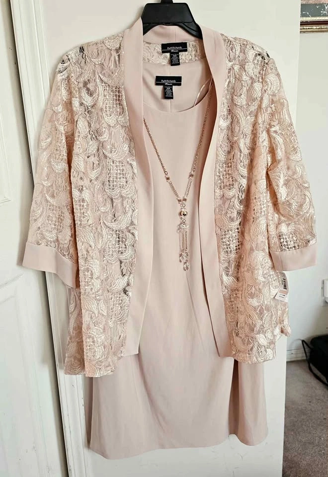 Soft blush pink dress with floral lace jacket and necklace- size