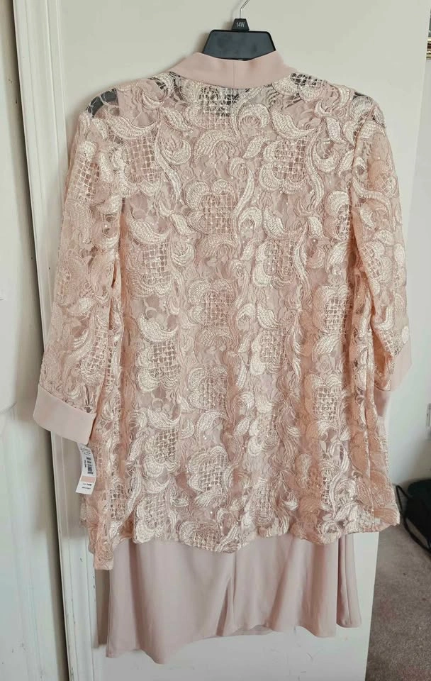 Soft blush pink dress with floral lace jacket and necklace- size - photo 3