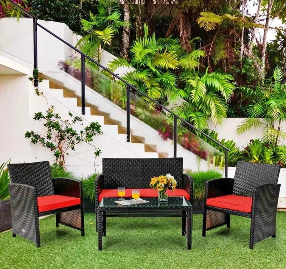 4pc Patio Conversation Set - Rattan w/ Red Cushions