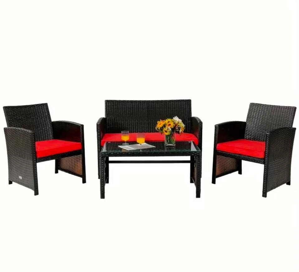 4pc Patio Conversation Set - Rattan w/ Red Cushions - photo 2