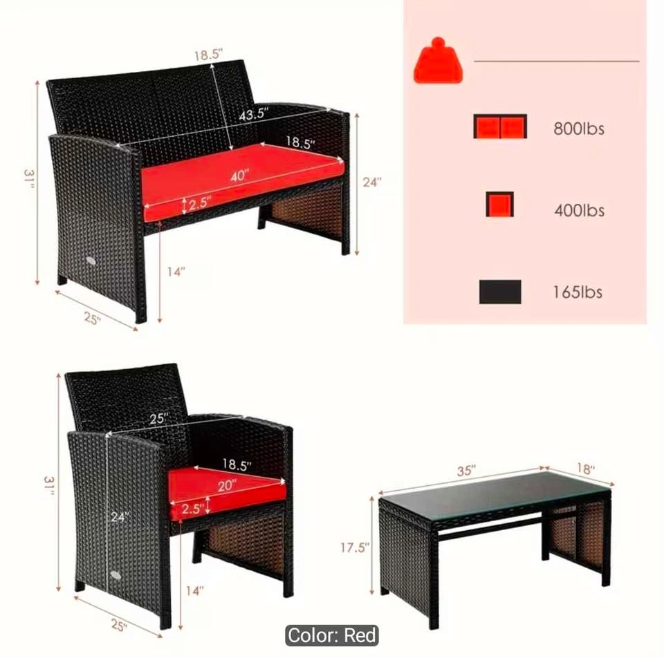4pc Patio Conversation Set - Rattan w/ Red Cushions - photo 3