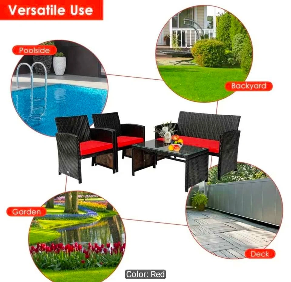 4pc Patio Conversation Set - Rattan w/ Red Cushions - photo 4