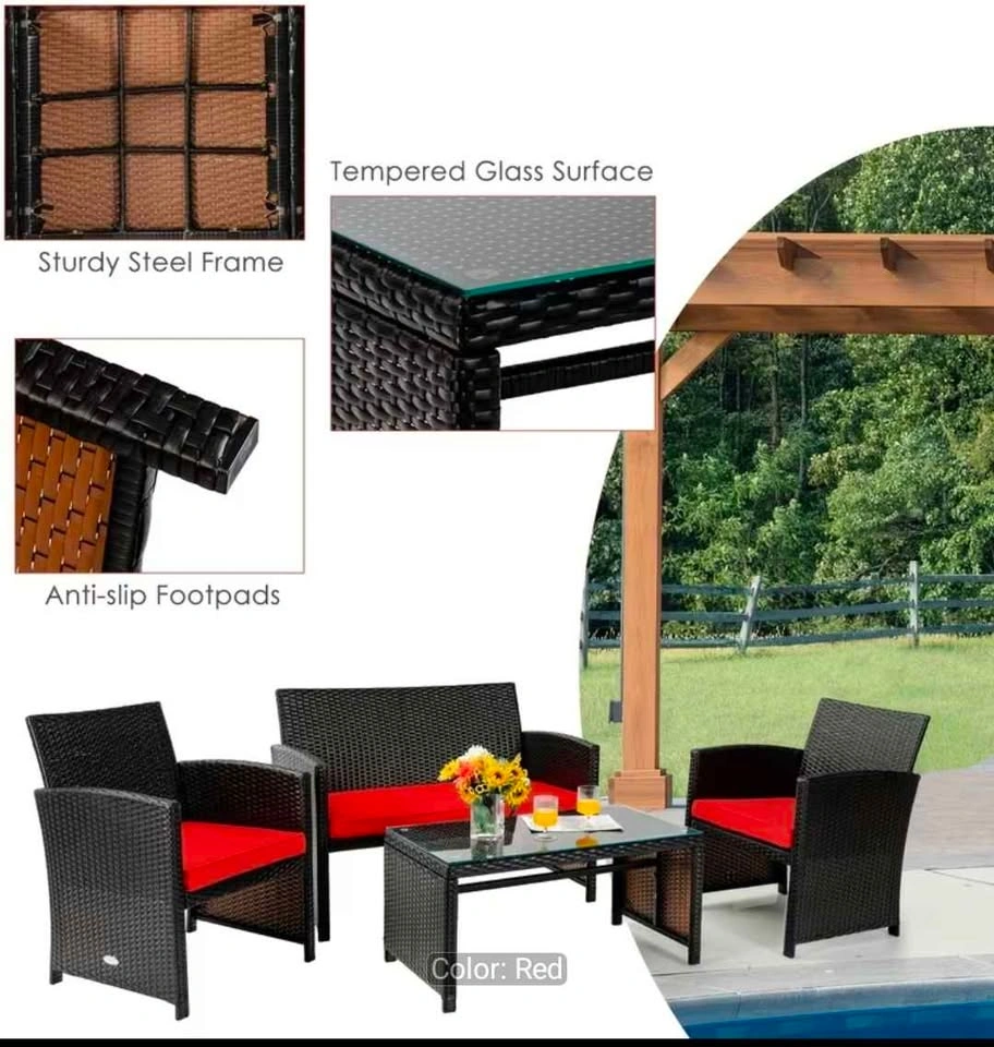 4pc Patio Conversation Set - Rattan w/ Red Cushions - photo 5