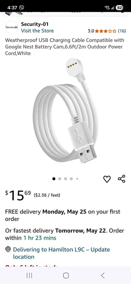 Weatherproof USB Charging Cable for Google Nest Battery Cam Whit