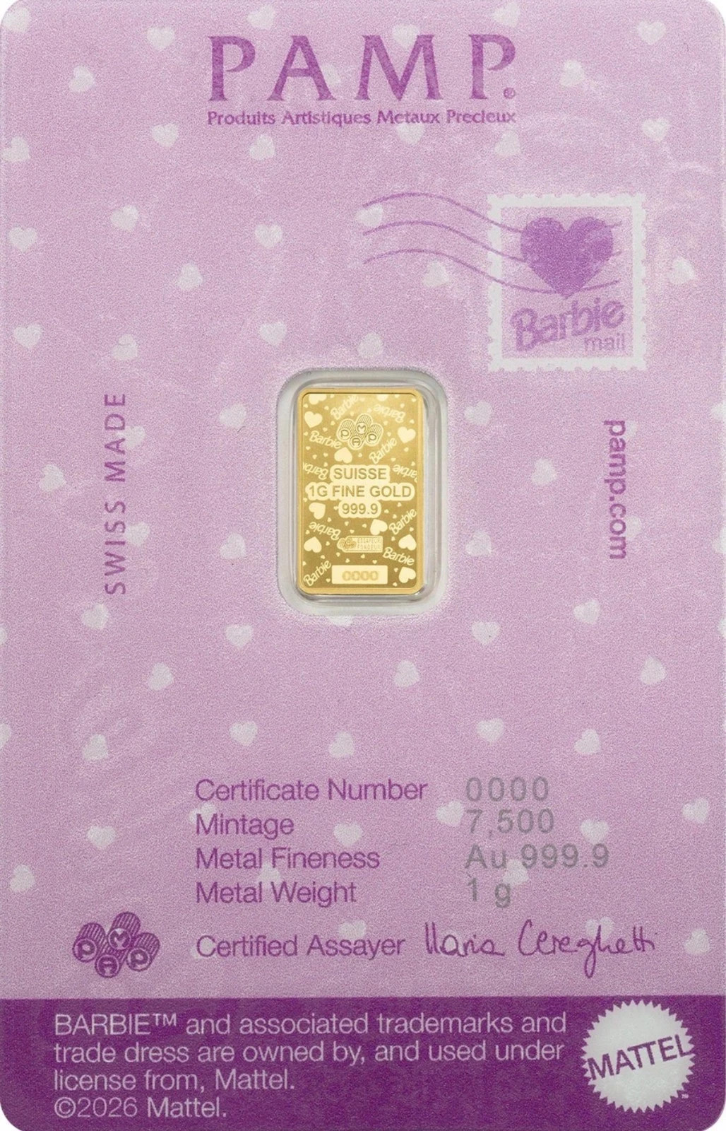 PAMP Suisse Barbie Valentines Love 1g Gold Bar In Assay Card - photo 2