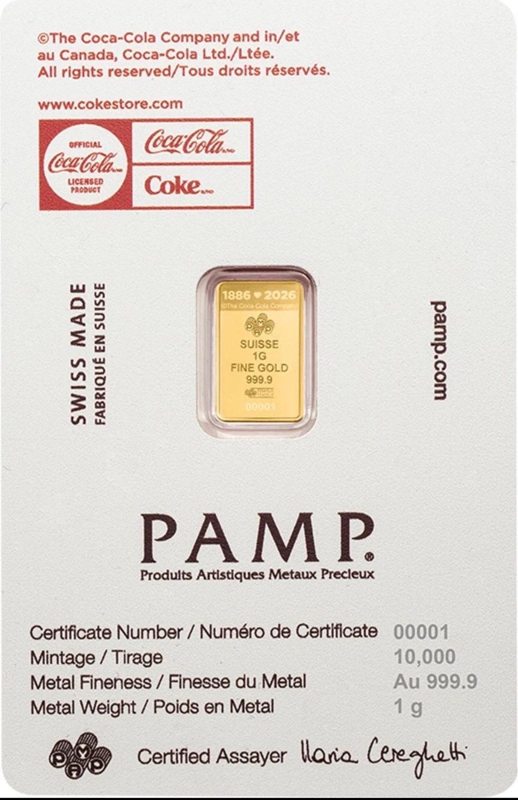 Valentine's Coke 1g Gold Bar PAMP Suisse .9999 Fine - photo 2