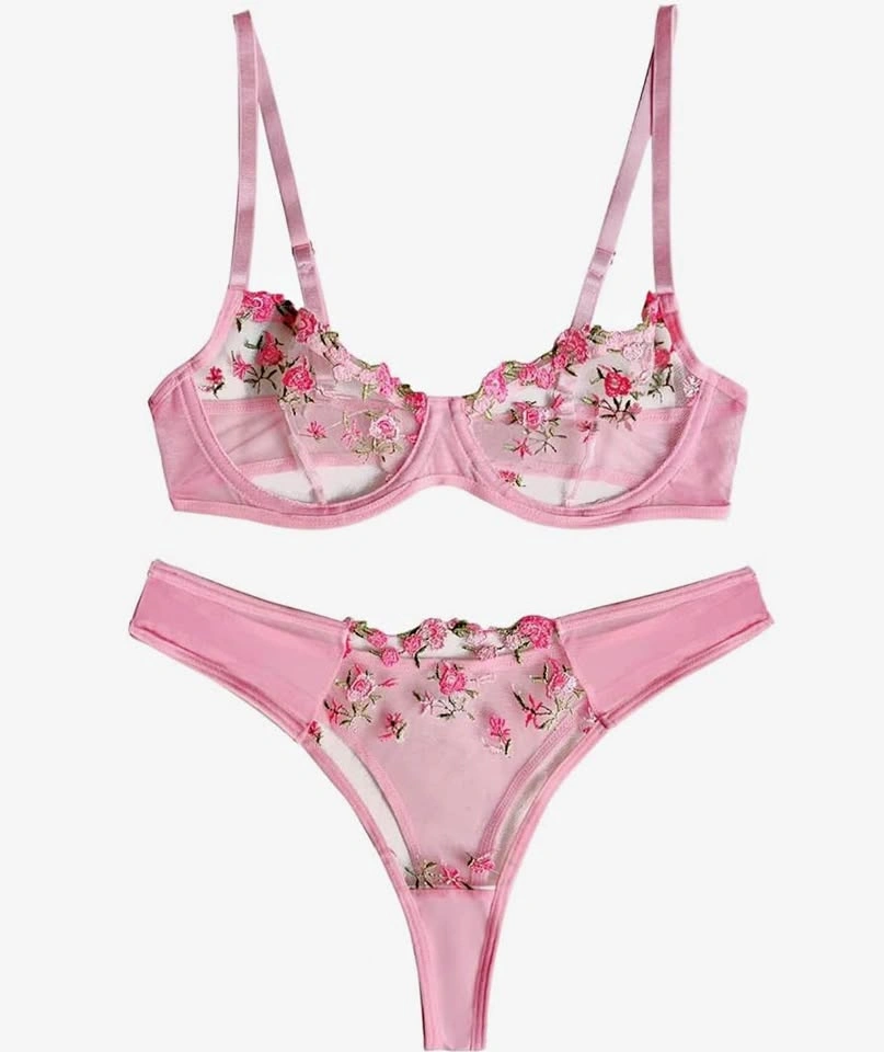Aphrotiny Pink Floral Lingerie Set Bra Thong M