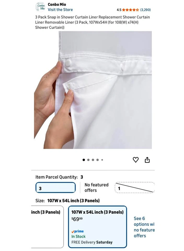 Conbo Mio 3 Pack Snap-in Shower Curtain Liner